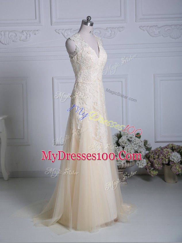 Sleeveless Tulle Brush Train Zipper Prom Gown in Champagne with Lace and Appliques