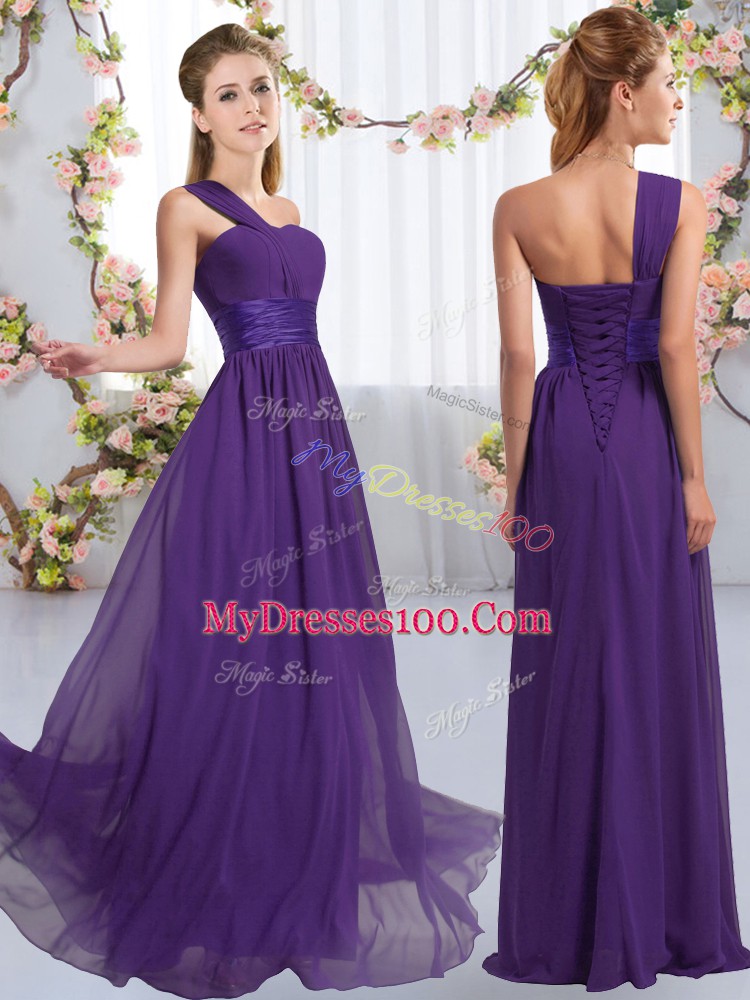 Suitable One Shoulder Sleeveless Chiffon Bridesmaid Gown Ruching Lace Up