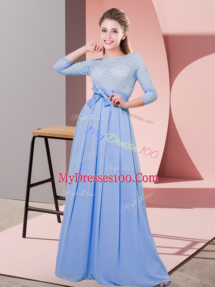 Sexy 3 4 Length Sleeve Chiffon Floor Length Side Zipper Wedding Guest Dresses in Lavender with Lace and Belt