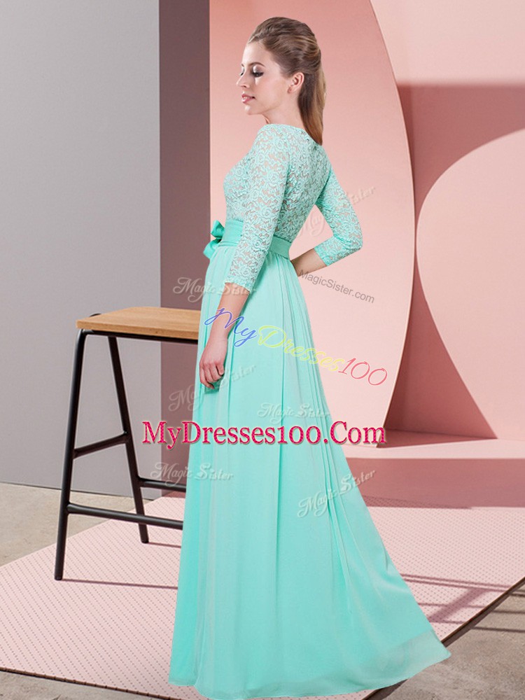 Sexy 3 4 Length Sleeve Chiffon Floor Length Side Zipper Wedding Guest Dresses in Lavender with Lace and Belt