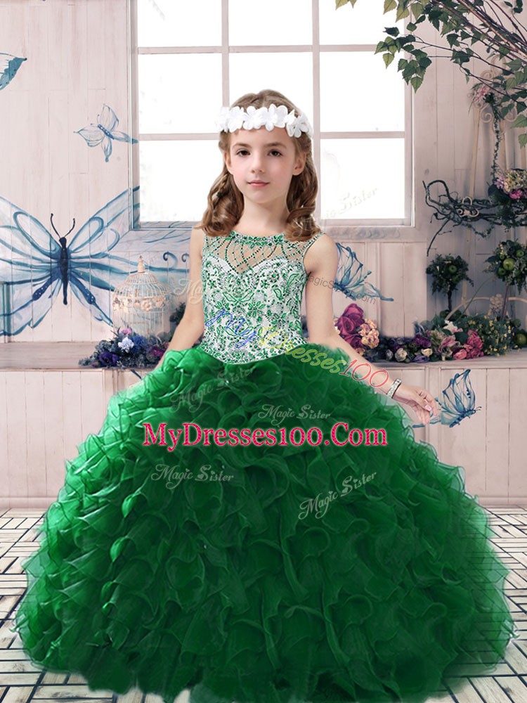 Dark Green Ball Gowns Organza Scoop Sleeveless Beading and Ruffles Floor Length Lace Up Little Girls Pageant Dress