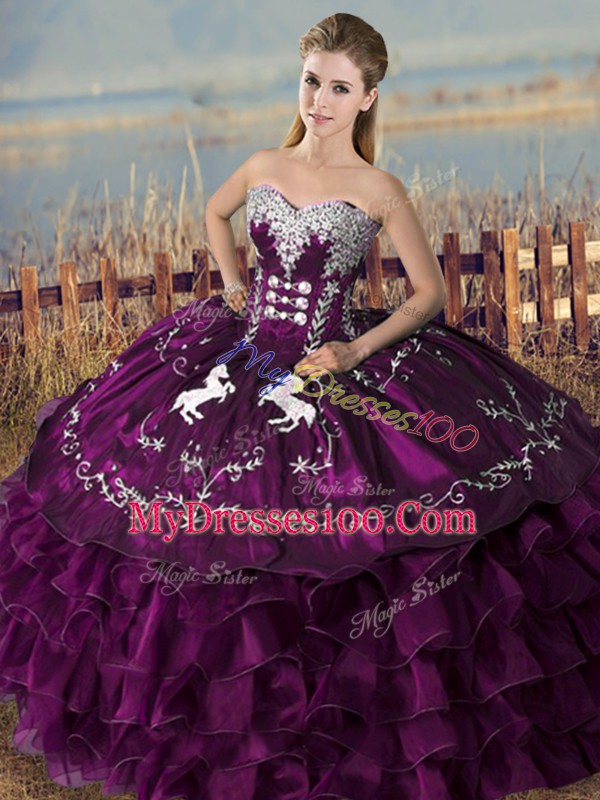 Purple Sleeveless Embroidery and Ruffles Floor Length Quinceanera Gown
