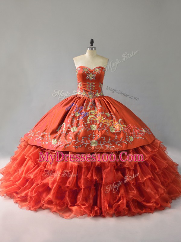Captivating Orange Red Ball Gowns Satin and Organza Sweetheart Sleeveless Embroidery and Ruffles Floor Length Lace Up Vestidos de Quinceanera