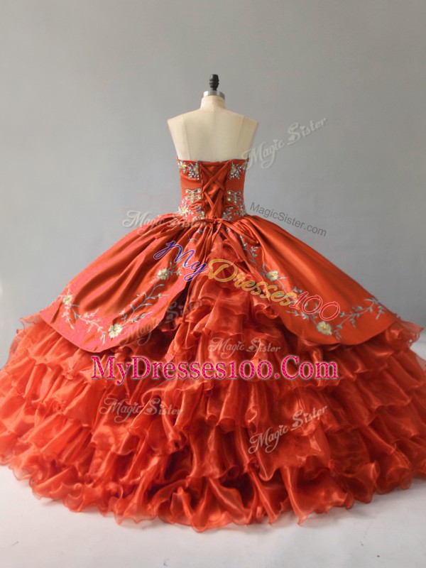 Captivating Orange Red Ball Gowns Satin and Organza Sweetheart Sleeveless Embroidery and Ruffles Floor Length Lace Up Vestidos de Quinceanera