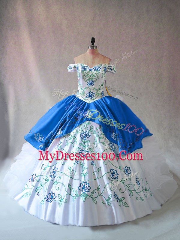 Delicate Blue And White Ball Gowns Off The Shoulder Sleeveless Organza Floor Length Lace Up Embroidery and Ruffles Quinceanera Dress