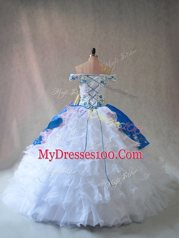 Delicate Blue And White Ball Gowns Off The Shoulder Sleeveless Organza Floor Length Lace Up Embroidery and Ruffles Quinceanera Dress