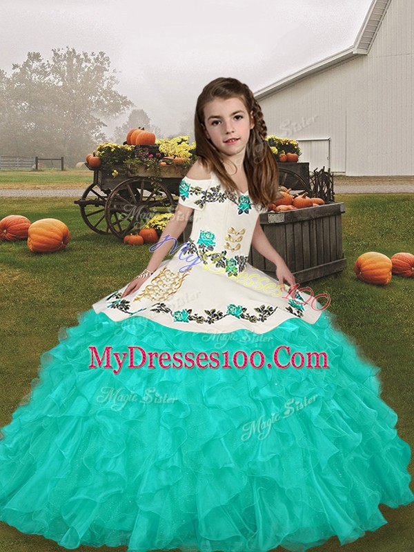 Cheap Floor Length Lace Up Pageant Dresses Turquoise for Party and Military Ball and Wedding Party with Embroidery and Ruffles