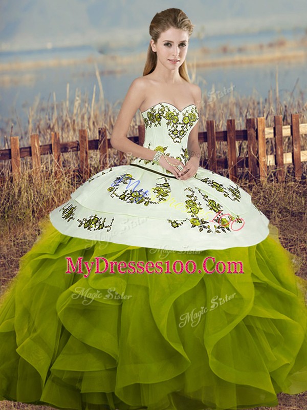 Perfect Olive Green Ball Gowns Embroidery and Ruffles and Bowknot Ball Gown Prom Dress Lace Up Tulle Sleeveless Floor Length