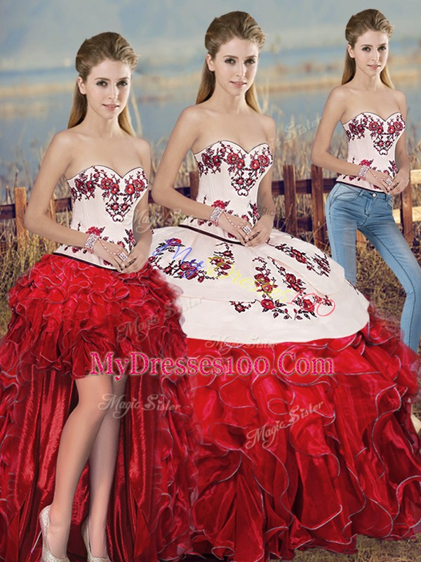 Shining Sleeveless Floor Length Embroidery and Ruffles and Bowknot Lace Up Sweet 16 Dresses with White And Red