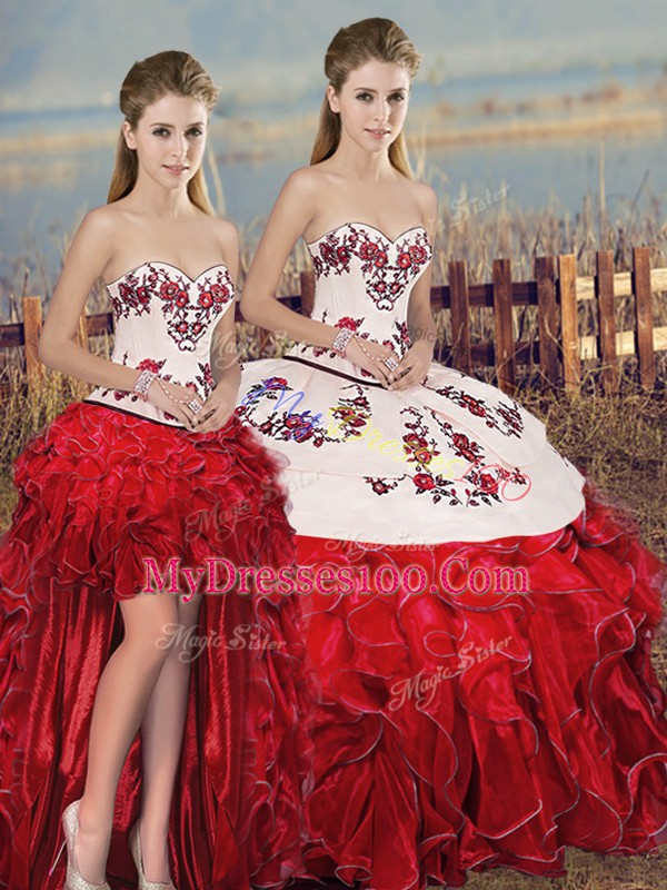 Shining Sleeveless Floor Length Embroidery and Ruffles and Bowknot Lace Up Sweet 16 Dresses with White And Red