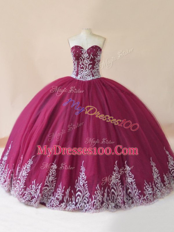 Burgundy Sleeveless Floor Length Embroidery Lace Up Sweet 16 Dresses