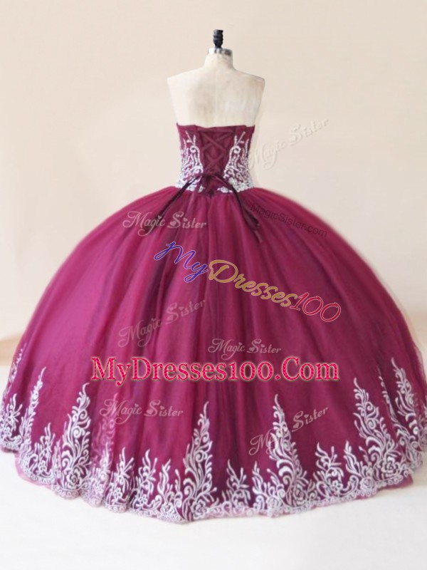 Burgundy Sleeveless Floor Length Embroidery Lace Up Sweet 16 Dresses