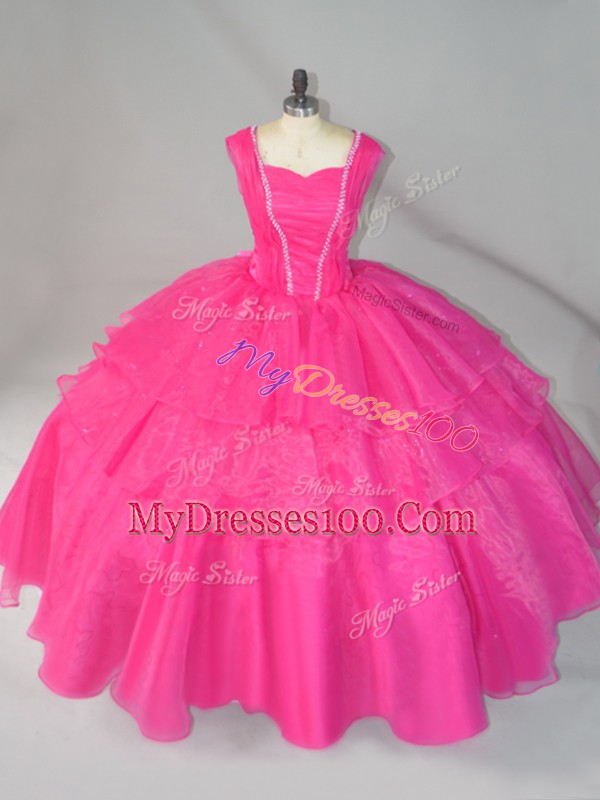 Organza Straps Sleeveless Lace Up Beading 15th Birthday Dress in Hot Pink