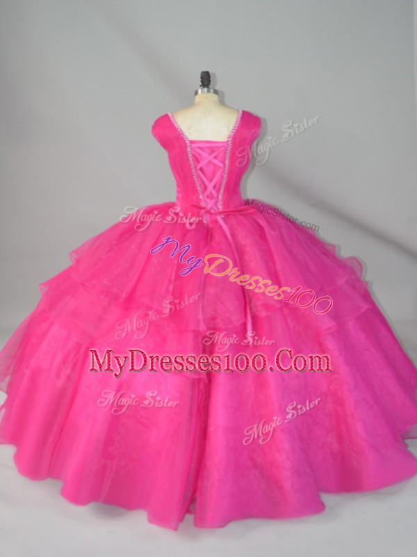 Organza Straps Sleeveless Lace Up Beading 15th Birthday Dress in Hot Pink