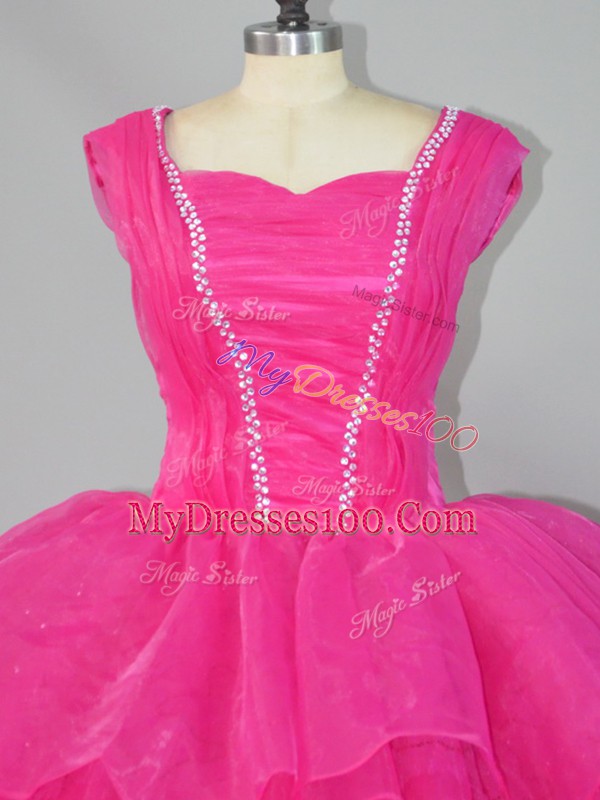 Organza Straps Sleeveless Lace Up Beading 15th Birthday Dress in Hot Pink