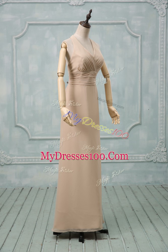 Designer Halter Top Sleeveless Prom Party Dress Floor Length Ruching Champagne Chiffon