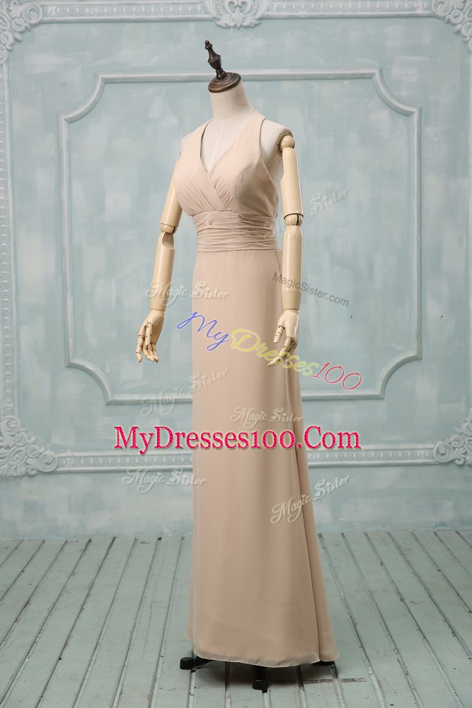 Designer Halter Top Sleeveless Prom Party Dress Floor Length Ruching Champagne Chiffon