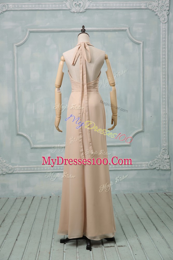 Designer Halter Top Sleeveless Prom Party Dress Floor Length Ruching Champagne Chiffon