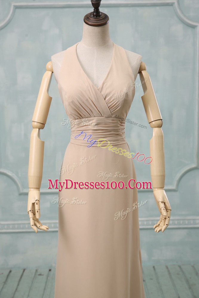 Designer Halter Top Sleeveless Prom Party Dress Floor Length Ruching Champagne Chiffon