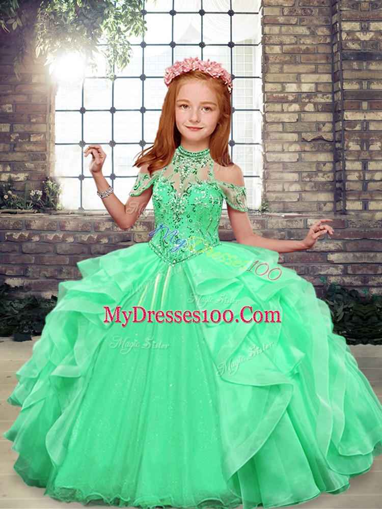 Excellent Floor Length Apple Green Little Girls Pageant Gowns Scoop Sleeveless Lace Up