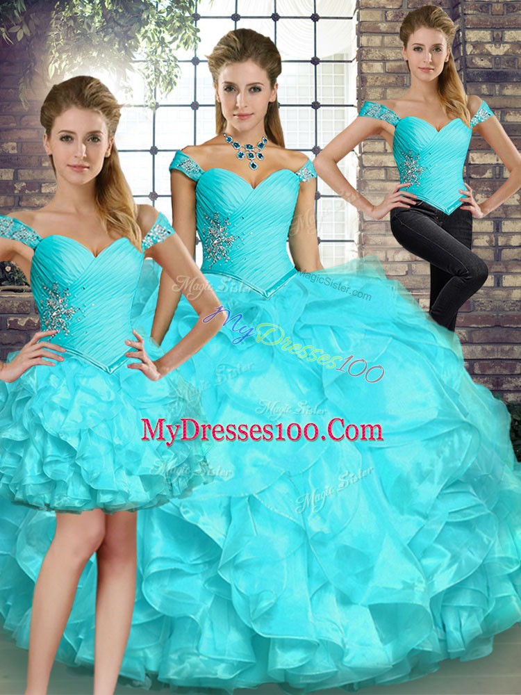 Comfortable Aqua Blue Sleeveless Floor Length Beading and Ruffles Lace Up 15 Quinceanera Dress