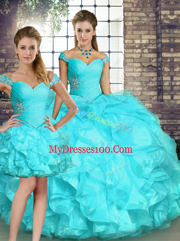 Comfortable Aqua Blue Sleeveless Floor Length Beading and Ruffles Lace Up 15 Quinceanera Dress