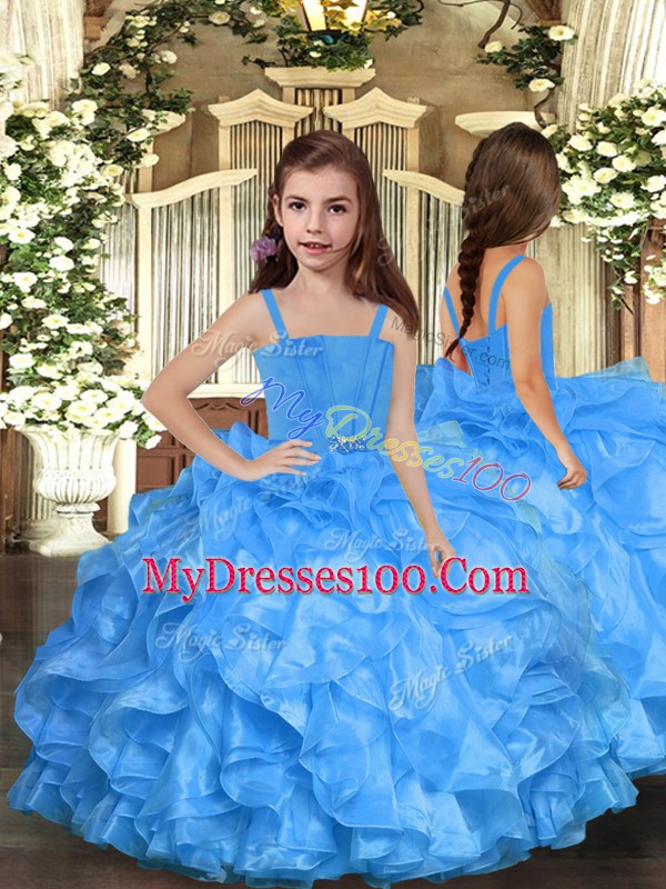 Floor Length Ball Gowns Sleeveless Blue Kids Formal Wear Lace Up