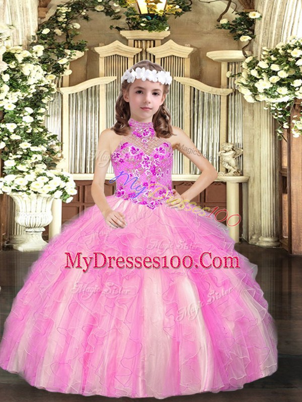 Lilac Ball Gowns Tulle Halter Top Sleeveless Appliques Floor Length Lace Up Kids Pageant Dress