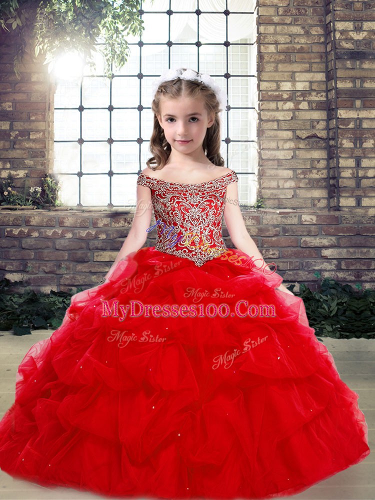 Floor Length Ball Gowns Sleeveless Red Kids Pageant Dress Lace Up