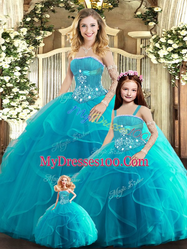 Decent Aqua Blue Lace Up Strapless Beading and Ruffles Quinceanera Gowns Tulle Sleeveless