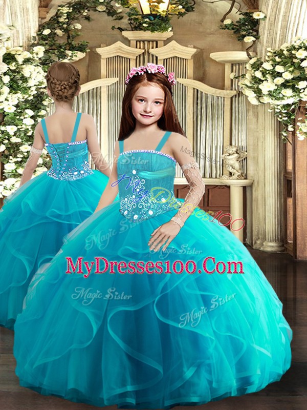 Decent Aqua Blue Lace Up Strapless Beading and Ruffles Quinceanera Gowns Tulle Sleeveless