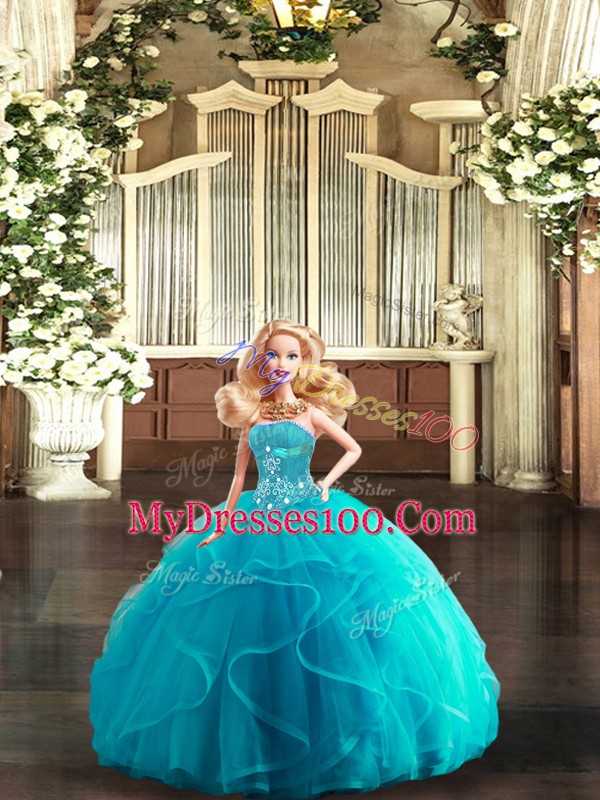 Decent Aqua Blue Lace Up Strapless Beading and Ruffles Quinceanera Gowns Tulle Sleeveless
