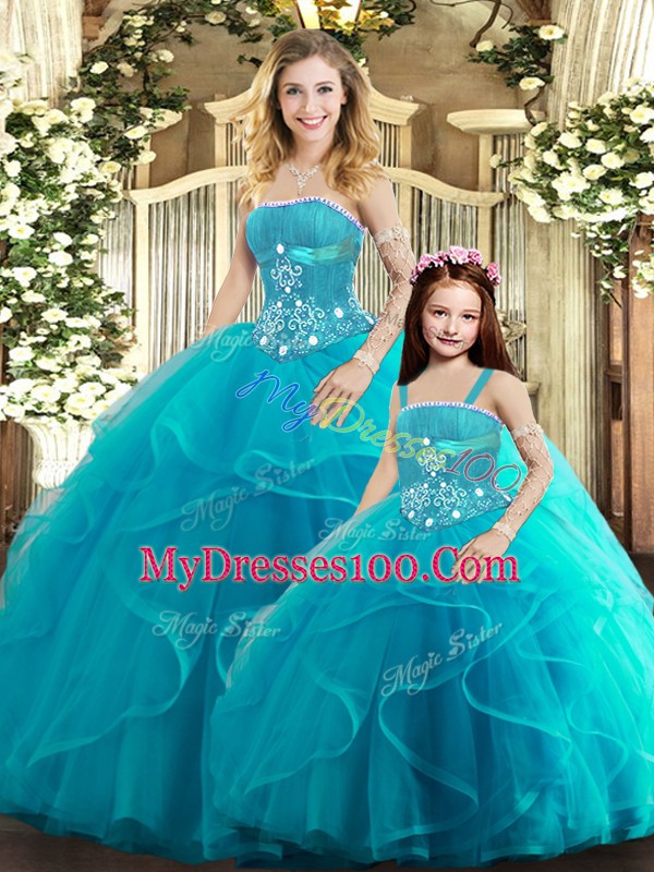 Decent Aqua Blue Lace Up Strapless Beading and Ruffles Quinceanera Gowns Tulle Sleeveless