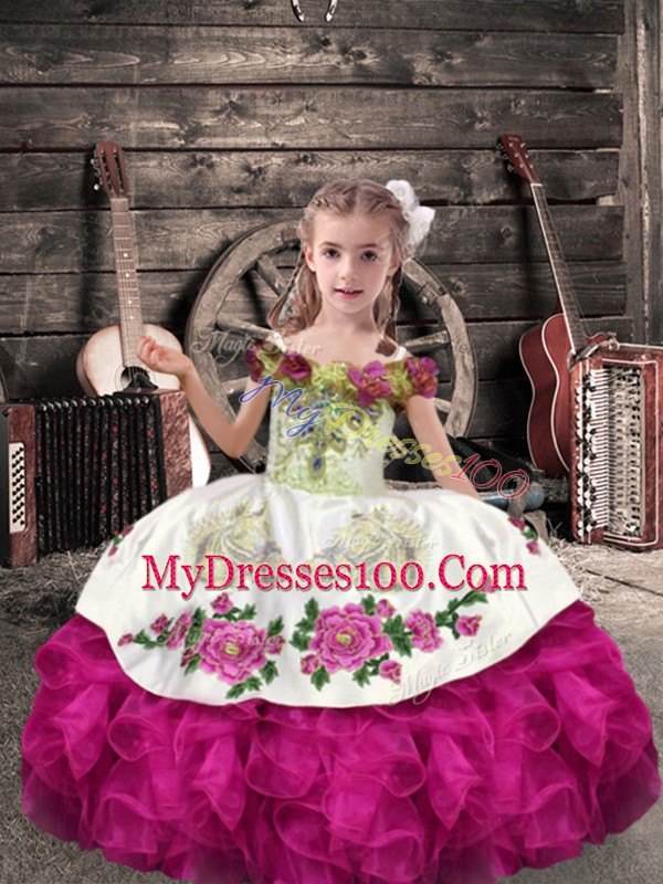 Trendy Floor Length Lace Up Pageant Gowns For Girls Fuchsia for Wedding Party with Beading and Embroidery and Ruffles