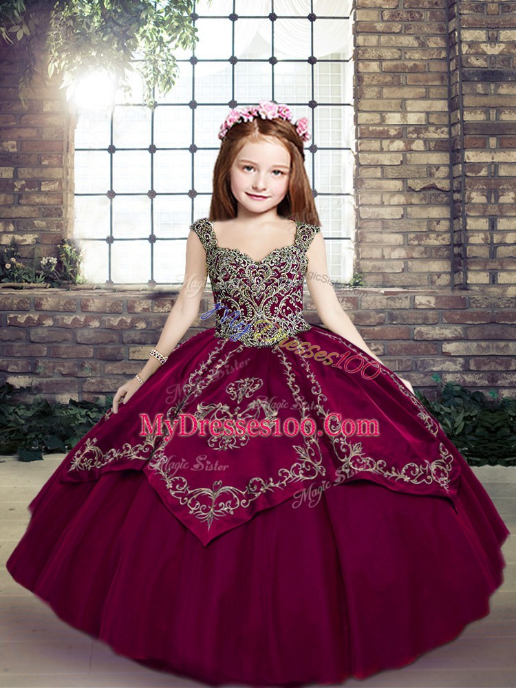 Custom Design Fuchsia Ball Gowns Straps Sleeveless Tulle Floor Length Lace Up Embroidery Little Girl Pageant Gowns