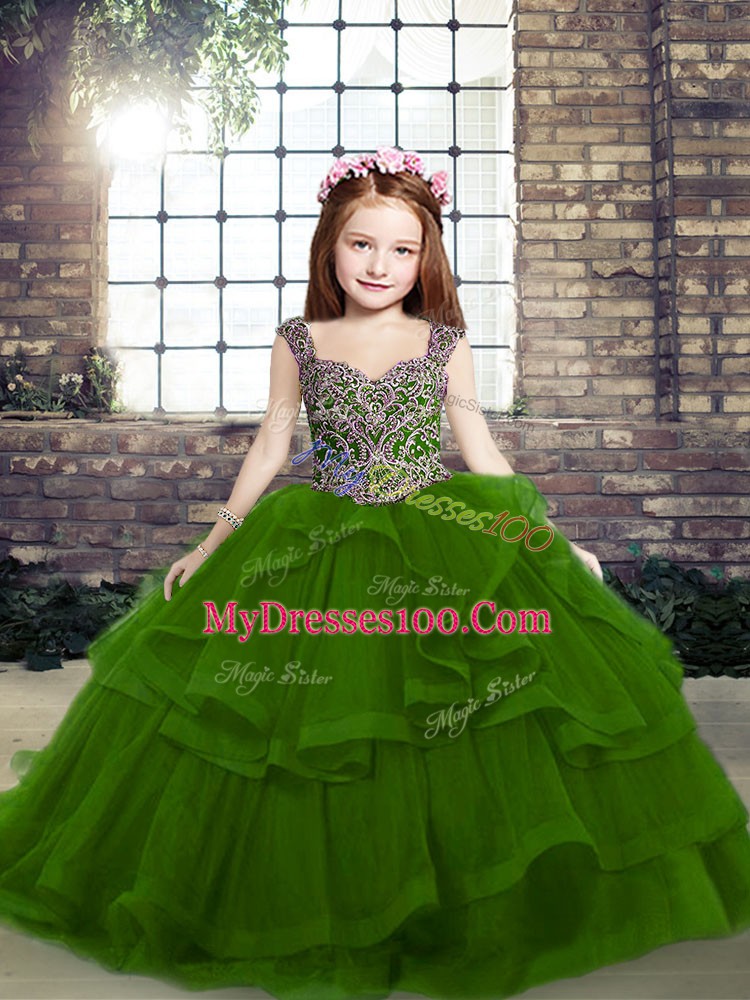 Green Sleeveless Beading and Ruffles Floor Length Child Pageant Dress
