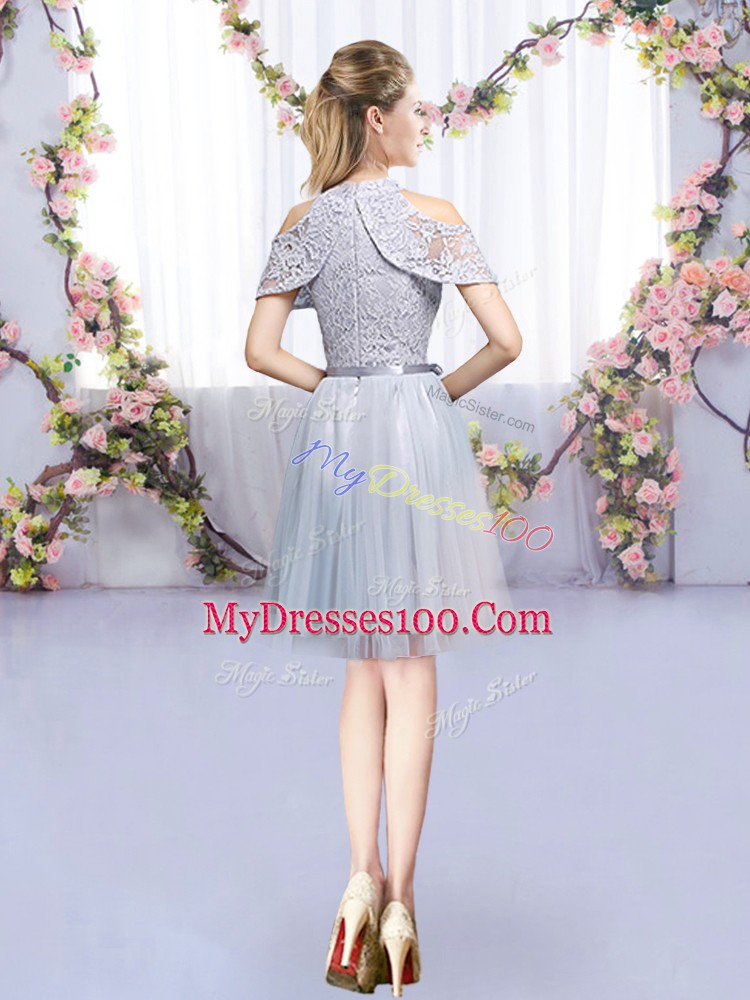 Grey Sleeveless Lace and Belt Mini Length Bridesmaid Dress