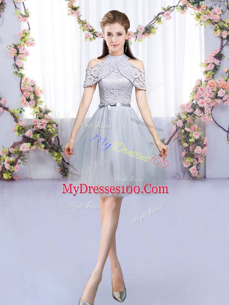 Grey Sleeveless Lace and Belt Mini Length Bridesmaid Dress