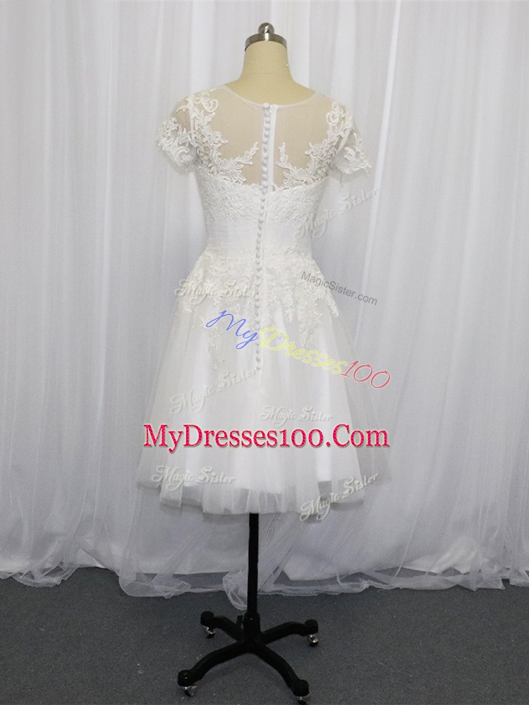 Scoop Short Sleeves Wedding Dress Mini Length Lace White Tulle