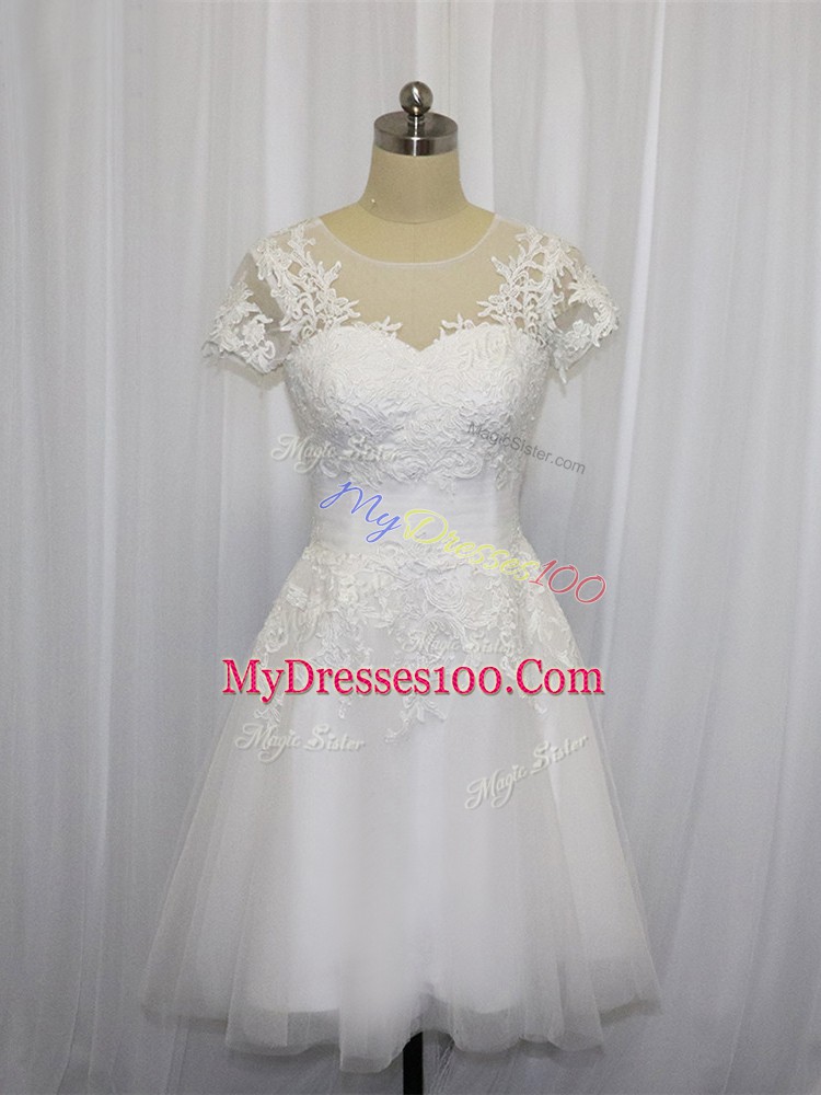 Scoop Short Sleeves Wedding Dress Mini Length Lace White Tulle