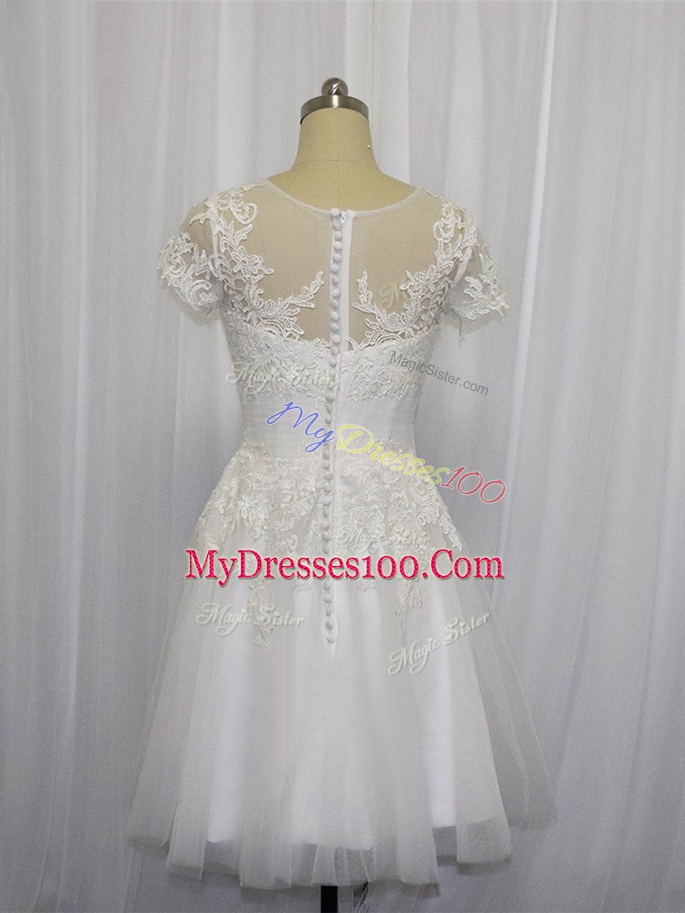 Scoop Short Sleeves Wedding Dress Mini Length Lace White Tulle