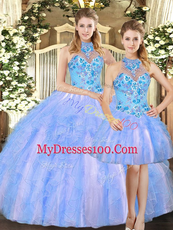Affordable Sleeveless Tulle Floor Length Lace Up Quinceanera Dresses in Multi-color with Embroidery