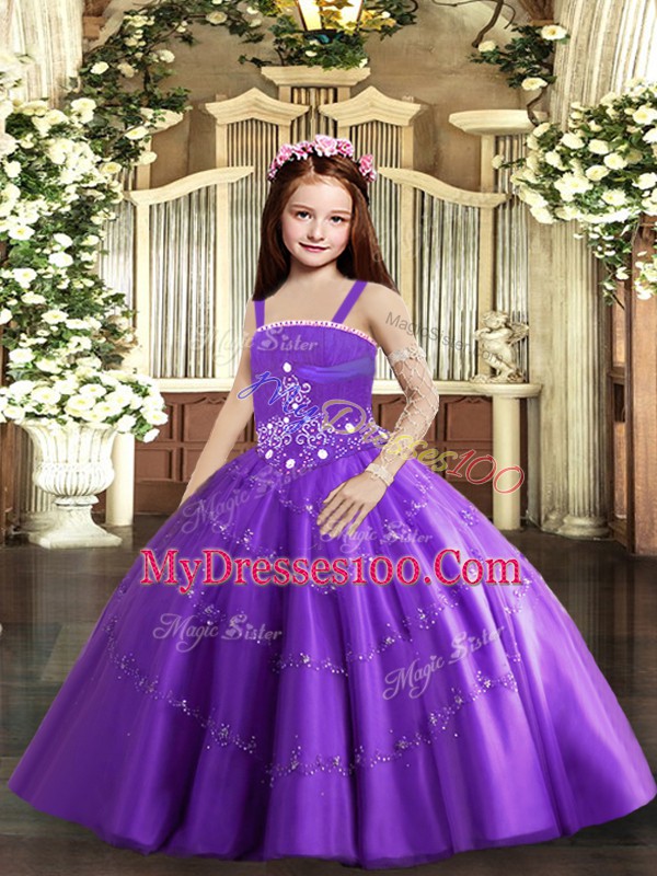 Unique Sleeveless Lace Up Floor Length Beading and Ruffled Layers Kids Pageant Dress