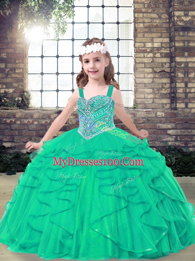 Straps Sleeveless Girls Pageant Dresses Floor Length Beading Turquoise Tulle