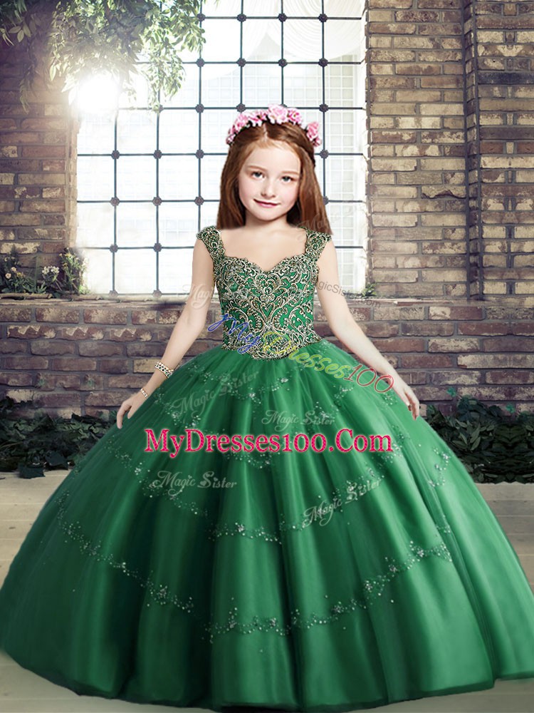 Superior Straps Sleeveless Tulle Kids Formal Wear Beading Lace Up