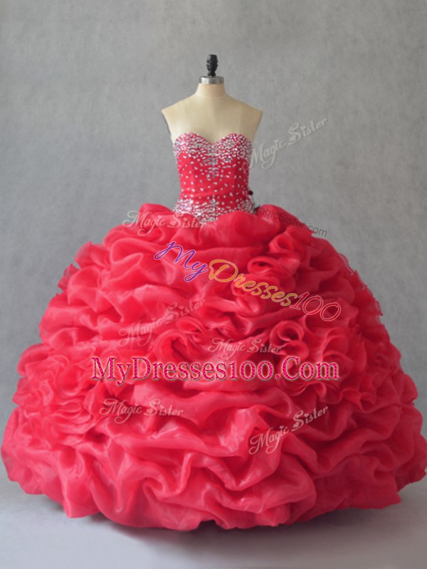 Coral Red Sleeveless Beading and Pick Ups Floor Length Vestidos de Quinceanera