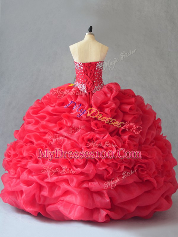 Coral Red Sleeveless Beading and Pick Ups Floor Length Vestidos de Quinceanera