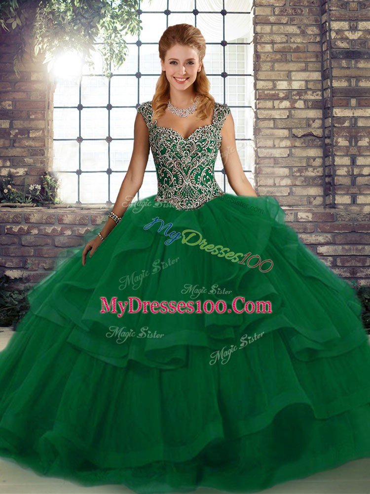 Green Ball Gowns Straps Sleeveless Tulle Floor Length Lace Up Beading and Ruffles Quinceanera Dress
