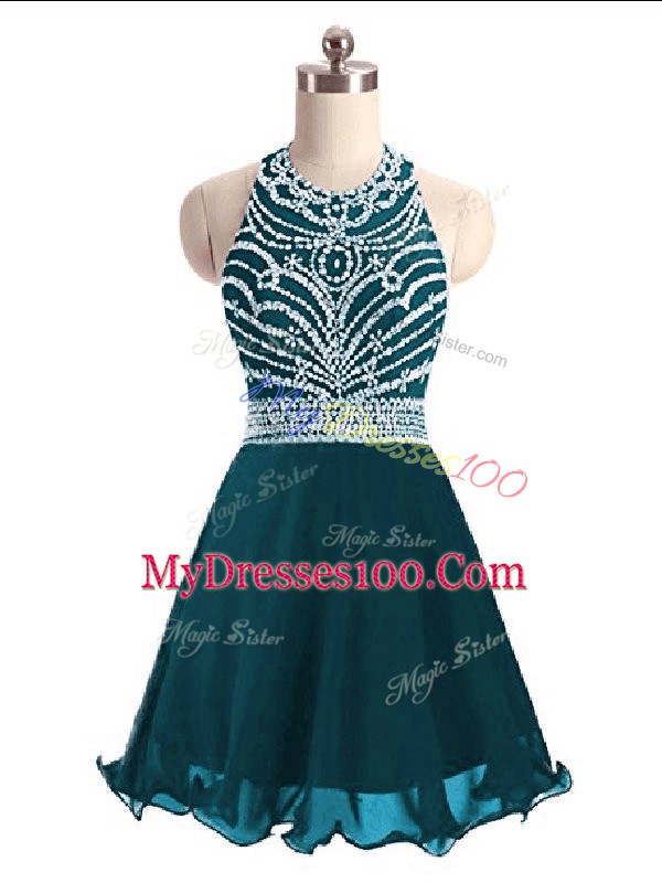 Amazing Mini Length Teal Dress for Prom Halter Top Sleeveless Lace Up