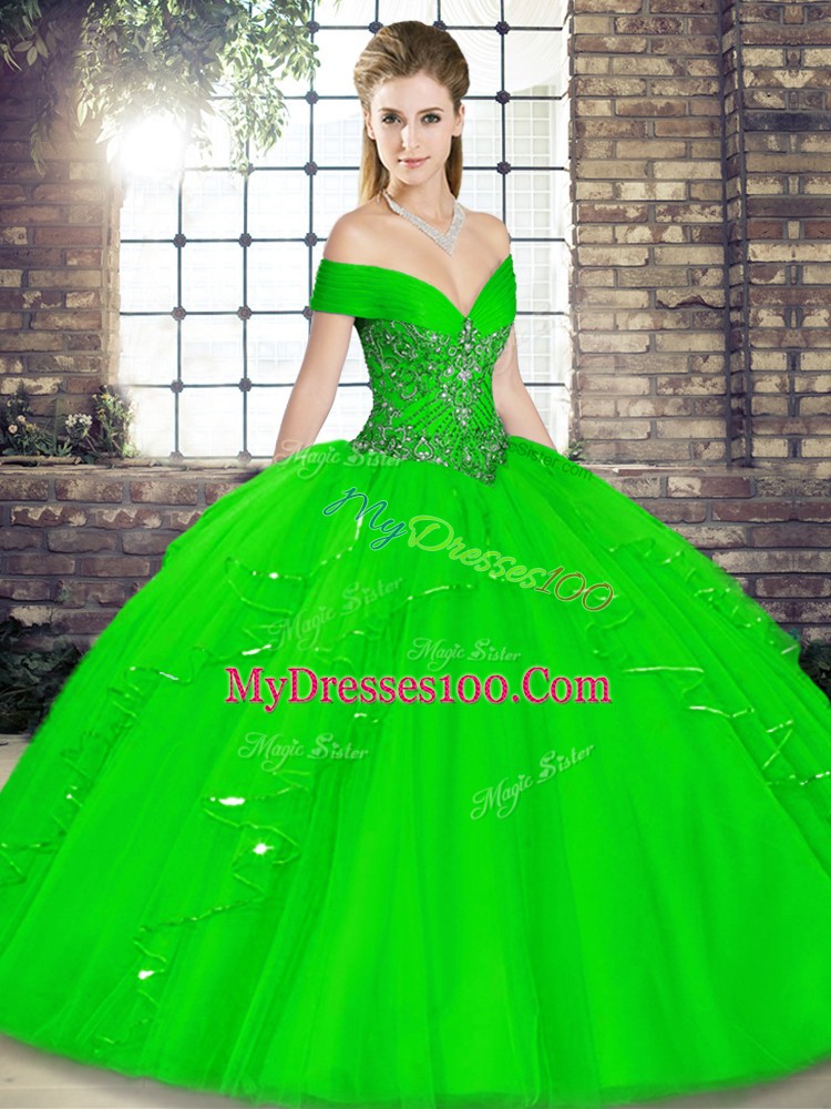 Sleeveless Tulle Floor Length Lace Up Quince Ball Gowns in Green with Beading and Ruffles